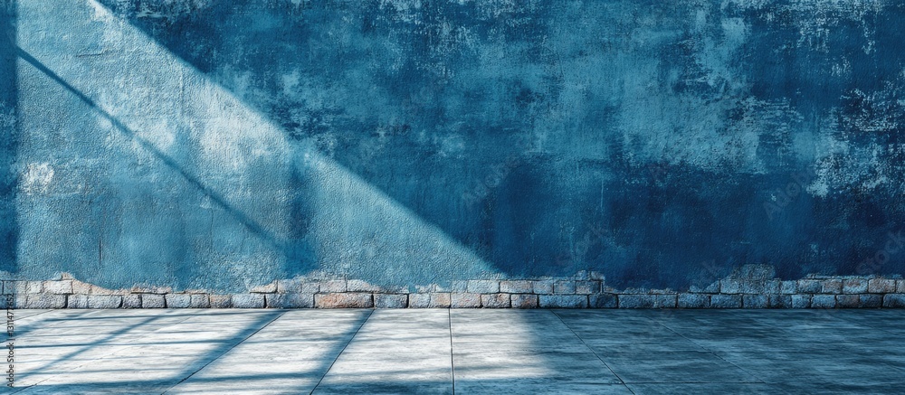 Poster textured blue concrete wall with faded brick base and diagonal light shadows casting on a smooth flo