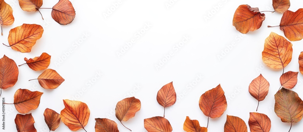 Aufkleber autumn leaf border in warm orange and brown hues arranged on a white background creating a flat lay 