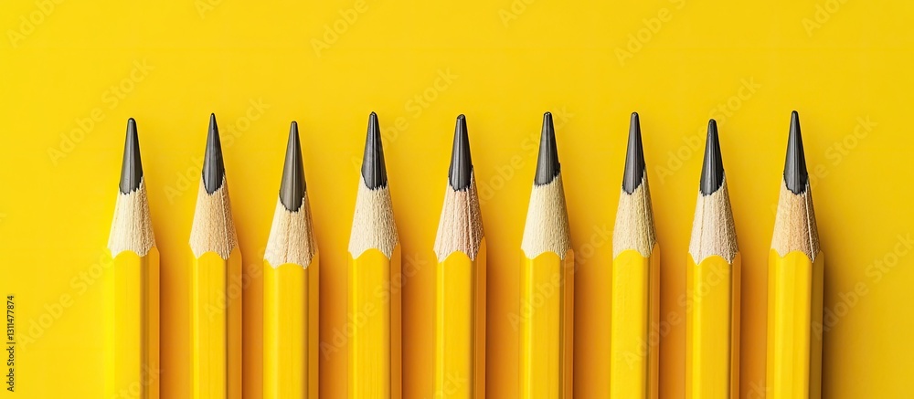 Aufkleber Yellow pencils neatly arranged in a line against a vibrant yellow background with pointed tips in gray, creating a harmonious monochromatic look.