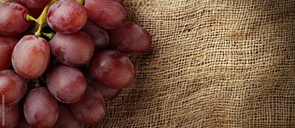 Poster Fresh red grapes clustered on a textured jute bag background with soft shadows highlighting their glossy skin and vibrant color on the left side.