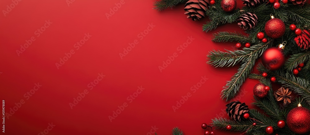 Poster Rustic holiday decorations on a vibrant red background with pine cones and ornaments arranged in a corner with ample copy space for text.