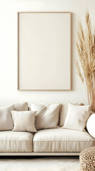 Beige Cream Bohemian Living Room Sofa Mockup with Empty Frame