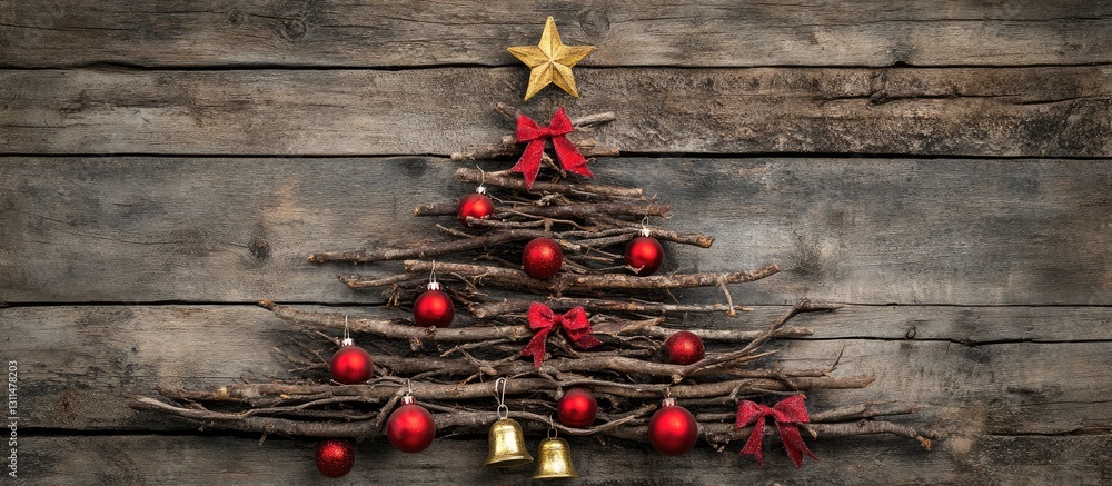 Poster rustic christmas tree crafted from dry branches with red balls and bows, topped with a golden star, 