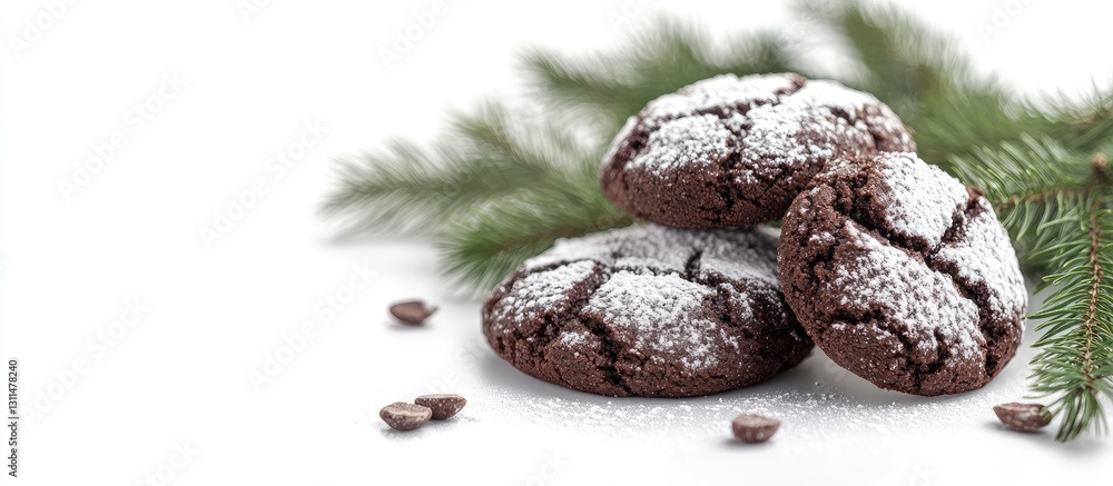 Aufkleber chocolate crinkle cookies dusted with powdered sugar placed on a white background with green fir bra