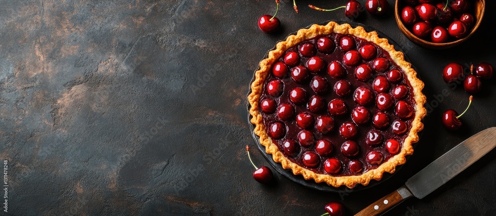Poster rustic cherry tart pie on a dark textured surface with fresh cherries in a bowl to the right and a k
