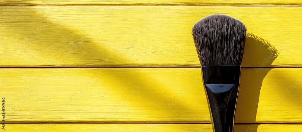 Poster Retro yellow wooden background with a makeup brush casting a strong shadow creating visual contrast and ample copy space on the left side.