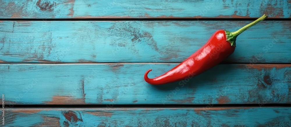 Aufkleber vibrant red chili pepper resting on a weathered blue wooden table with textured grain and ample spac