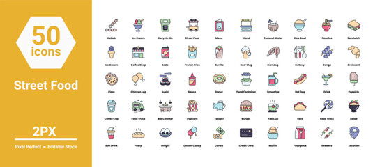 street food icons set such as, kebab,food,indian,delicious,kabab,barbecue,grilled,dish,plate,dinner,grill,  vector stock illustration