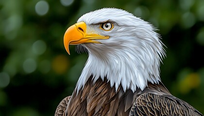 Obraz premium Majestic Bald Eagle Profile, Green Bokeh