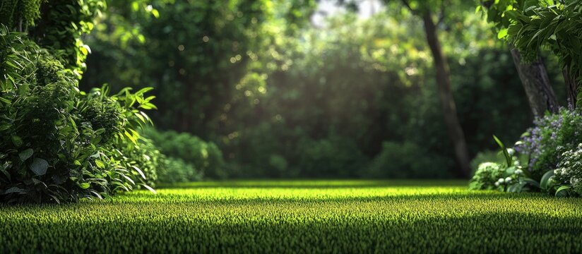Lush green garden with vibrant grass in the foreground and dense foliage framing the serene background under soft natural lighting.