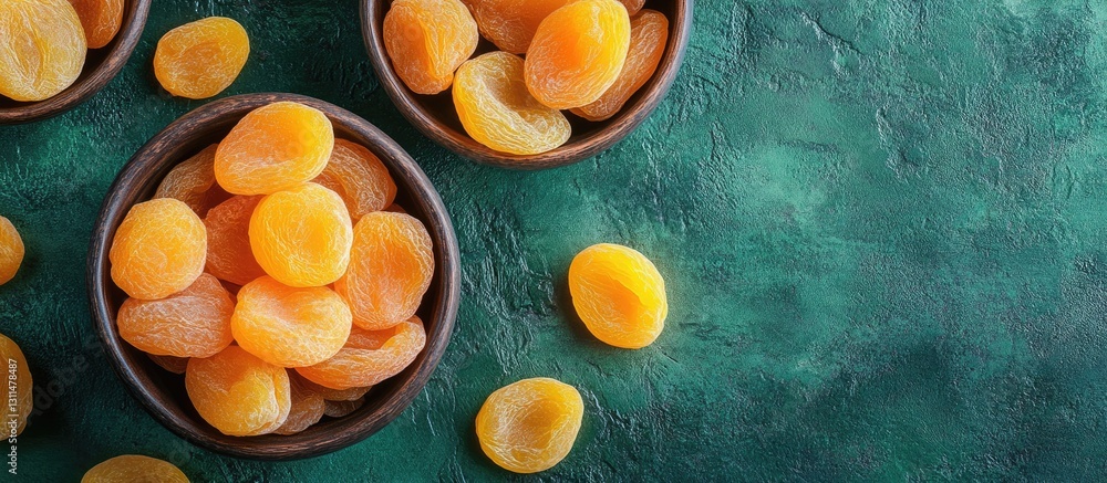 Poster bowl of dried sweet apricots in dark wood on textured green background with scattered apricots and a