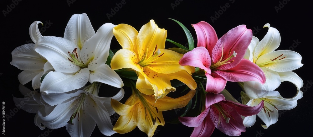 Poster colorful close-up of white yellow and pink lilies arranged in a row with vibrant reflections on a sm