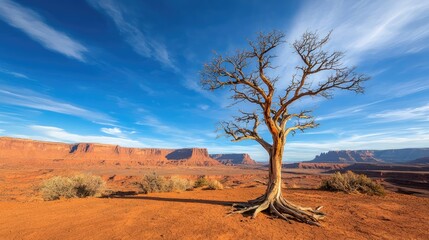 Naklejka premium Climate change drought idea. A solitary tree stands tall against a stunning desert landscape under a blue sky.