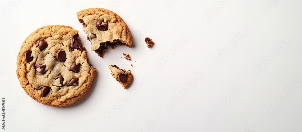 Poster Chocolate chip cookies on a white background with one whole cookie on left and a half cookie with crumbs on right creating negative space