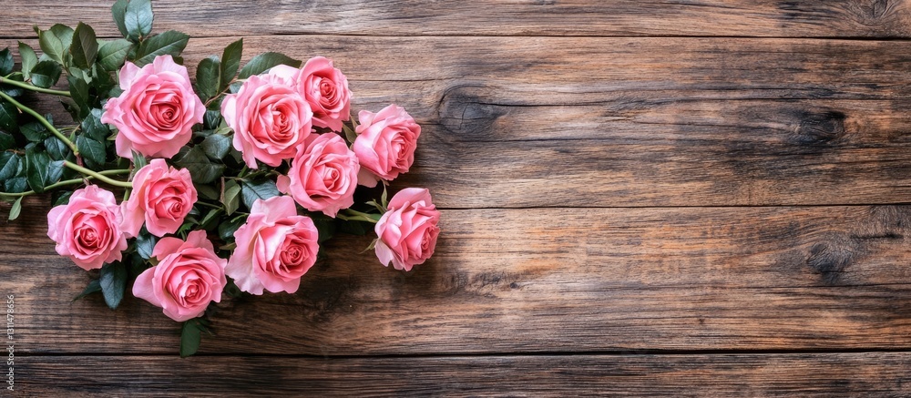 Poster fresh pink roses arranged on a rustic wooden table, top view showcasing flowers on the left with amp