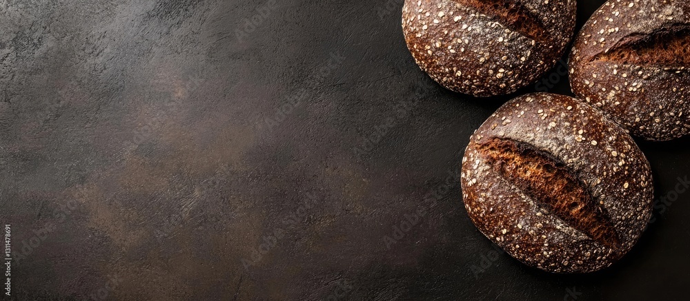 Poster Rustic buckwheat bread loaves with crusty tops in shades of brown placed on a textured dark background with copy space on the left side.