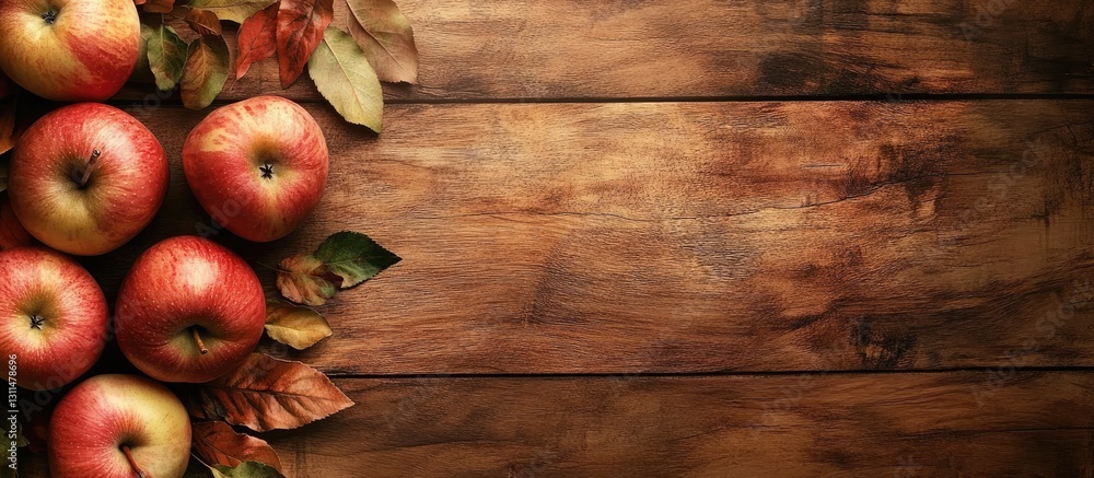 Aufkleber red apples arranged on a wooden board with autumn leaves, featuring a natural textured surface and a