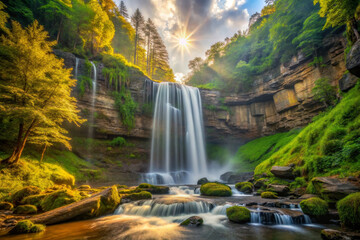 Majestic waterfall cascading into serene pool surrounded by lush greenery