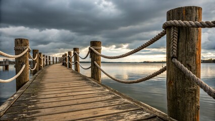 Obraz premium Seascape with a wooden pier and rope railings leading out to sea under a dramatic, overcast sky. 