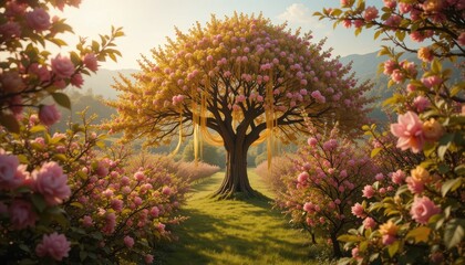 Naklejka premium Magical Golden Tree in a Blossoming Pink Flower Garden Serene Spring Landscape