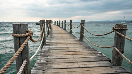 Fototapeta premium Long wooden pier vanishing into the horizon on a cloudy day, highlighting perspective and a sense of distance and travel. 