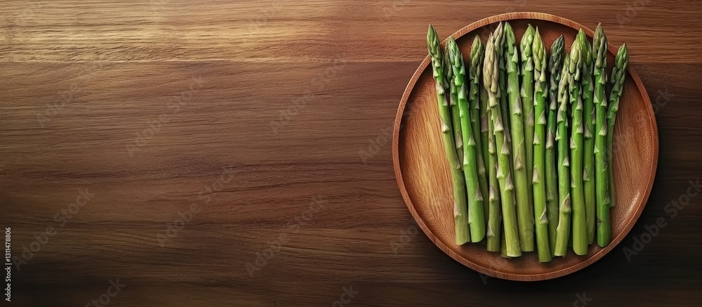 Poster fresh asparagus arranged on a round wooden plate showcasing vibrant green stems and tips on a textur