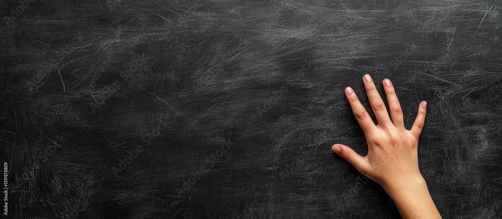 Aufkleber Clean chalkboard background with an open hand positioned on the left side, dark textured surface providing ample copyspace on the right.