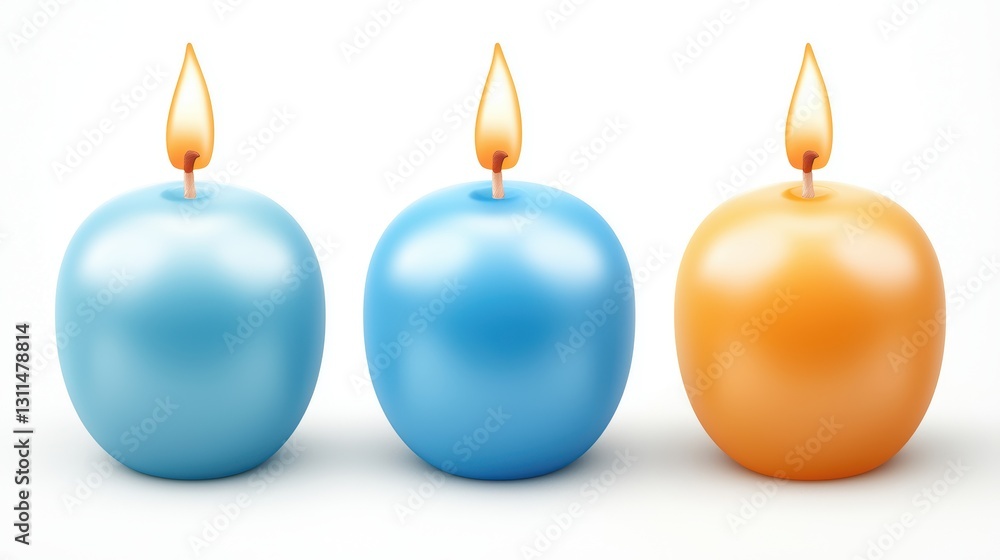Poster three colorful, rounded candles with flames, arranged in a row, creating a serene and inviting atmos