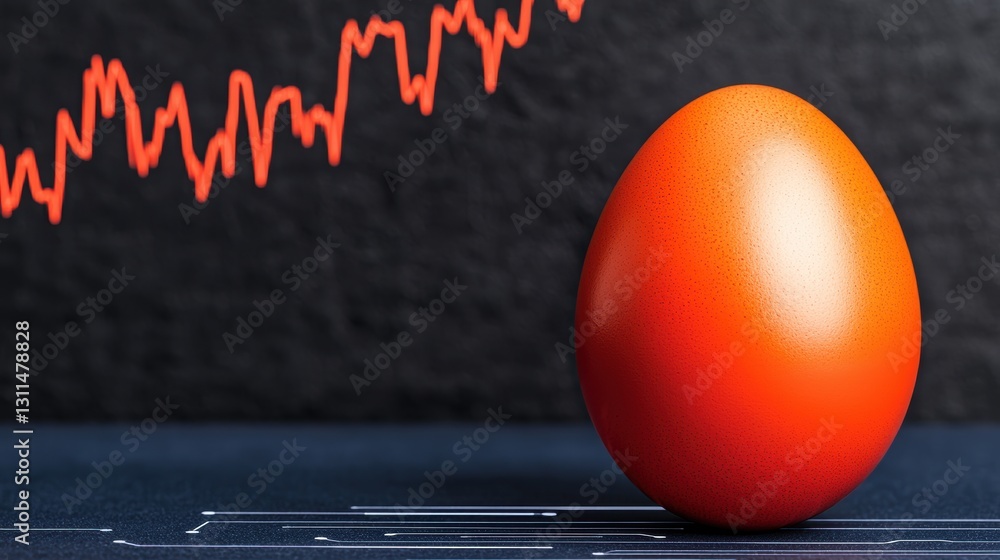 Poster a vibrant orange egg stands on a textured surface, contrasting with a dynamic red graph in the backg