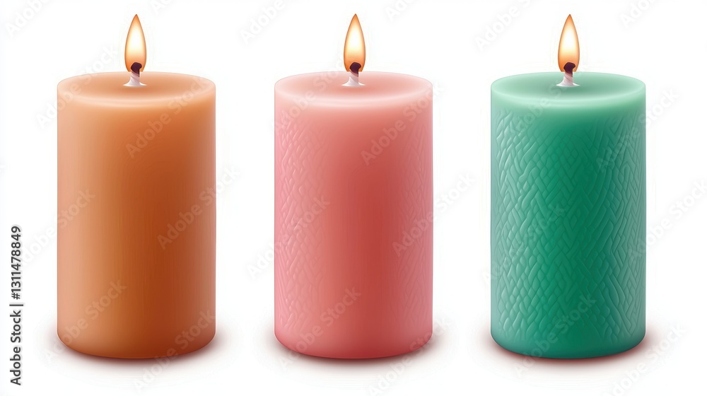 Poster three decorative candles in varying colors, each with a warm flame, creating a cozy and inviting atm