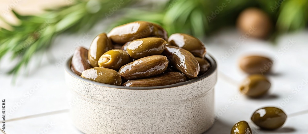 Poster Canned anchovy fillets arranged with green olives in a white bowl on a tiled table with green herbs in the background and space for text