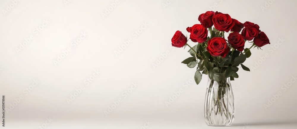Aufkleber elegant arrangement of vibrant red roses in a clear glass vase positioned on right against a soft wh