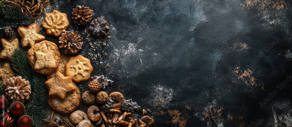 Aufkleber aerial view of assorted traditional christmas spekulatius cookies arranged on a dark rustic surface 