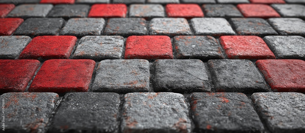Poster aged cobblestone road background featuring a mix of gray and red tiles arranged in a staggered patte