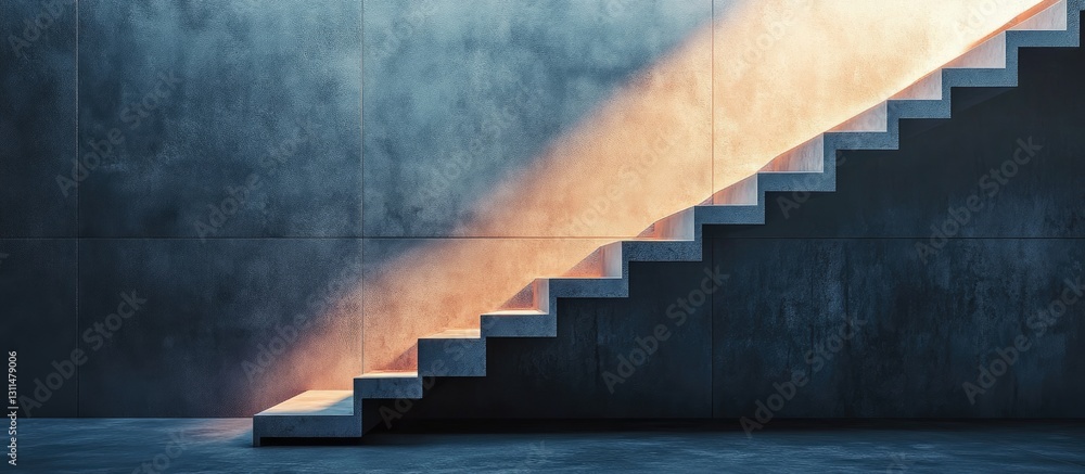 Poster Concrete staircase ascending against a dark wall with a stream of warm light illuminating the steps creating a mood of hope and potential.