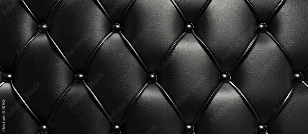Poster Textured black leather background with diamond-shaped tufting and round buttons creating a sophisticated, stylish design ideal for luxury themes.