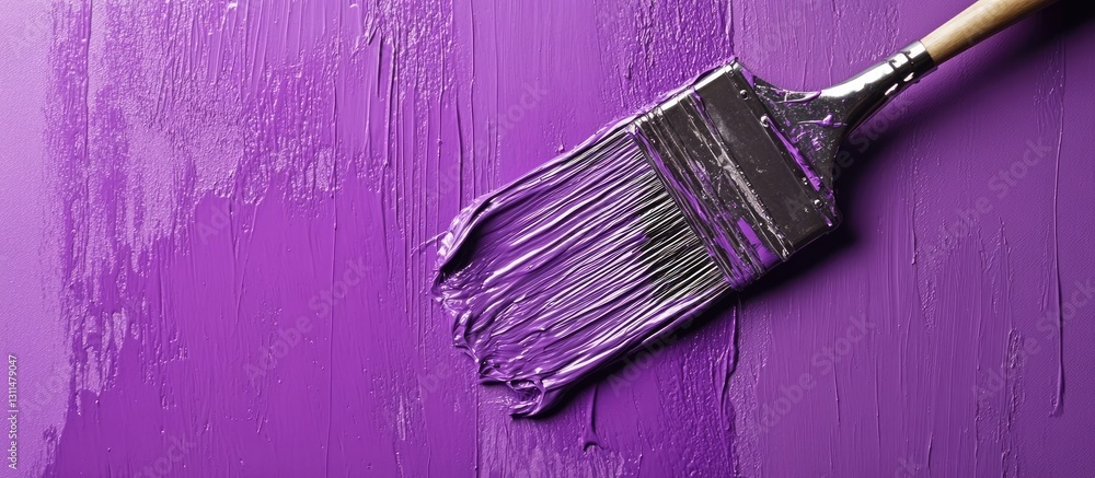 Poster purple paint stroke texture on a wall with a brush positioned diagonally, vibrant deep purple color 