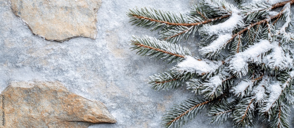 Poster snow-covered christmas fir tree branch on textured stone background featuring muted gray and earthy 