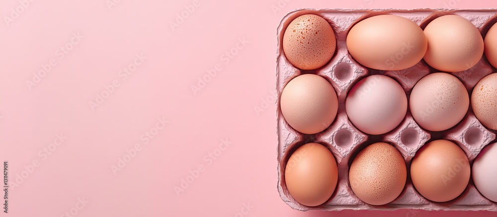 Aufkleber Minimalist composition of chicken eggs in a carton on a soft pink background with subtle shadows creating a serene atmosphere for text placement
