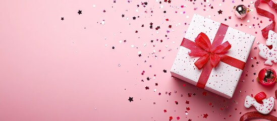 Obraz premium Gift box with red bow surrounded by festive toys and sparkling confetti on soft pink background Flat lay composition for holiday celebration.
