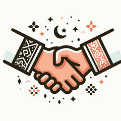 A simple yet heartwarming flat design of two hands meeting in a handshake, with subtle festive elements like ketupat and crescent moon near the wrists, all set against a white background