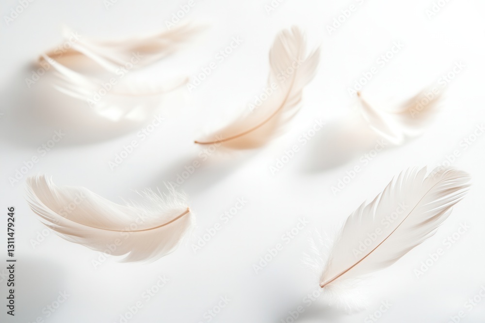 Fototapete soft feathers drift gracefully against a serene white backdrop creating a dreamlike atmosphere in a 