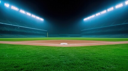 A serene night view of a baseball field illuminated by bright stadium lights, showcasing a well-maintained grassy infield.