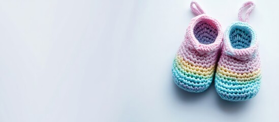 Handmade crochet baby booties in pastel rainbow colors on a soft white background with ample copyspace for text or branding elements.