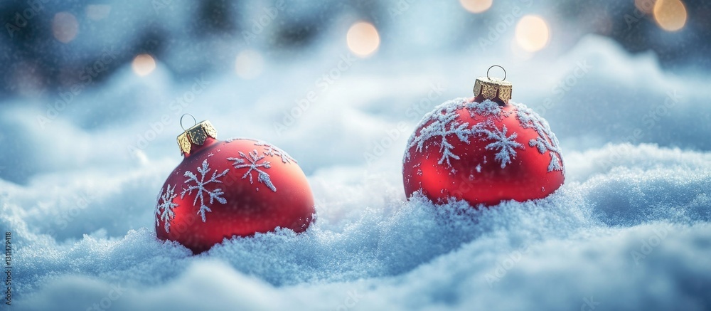 Poster red christmas ornaments with white snowflake designs nestled in soft, white snow against a blurred w