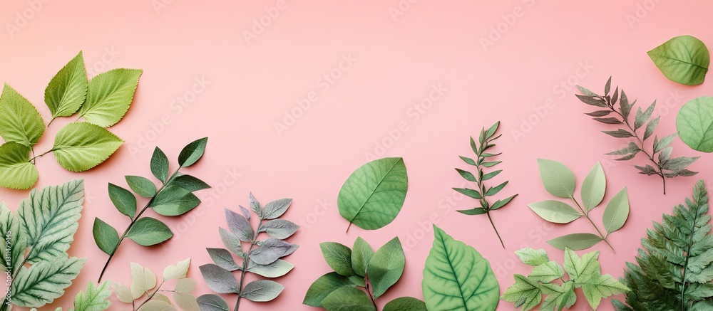Poster arrangement of green and pink paper leaves on a soft pink background with varying shades and texture
