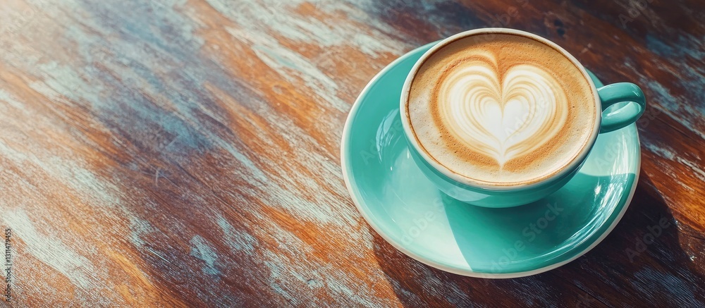 Poster Cappuccino with intricate heart latte art in a turquoise cup and matching saucer on a rustic wooden table bathed in warm light from above.