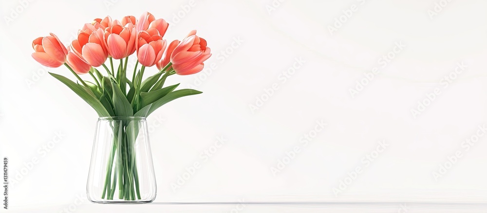 Poster coral tulip bouquet in a clear vase centered on a white background with ample negative space highlig