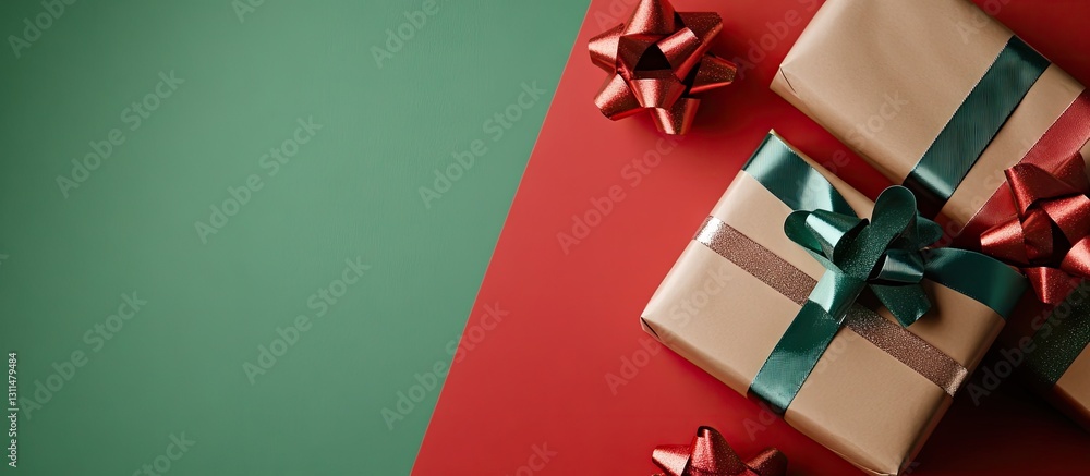 Aufkleber elegant gold wrapped gifts with teal ribbons and red bows placed on a split background of red and gr