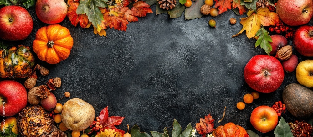 Poster autumn harvest flat lay with vibrant orange pumpkins red apples and colorful leaves arranged on dark